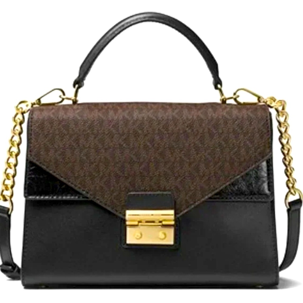 Michael Kors Sloan Leather Signature Logo Medium Satchel Bag, Brown & Black